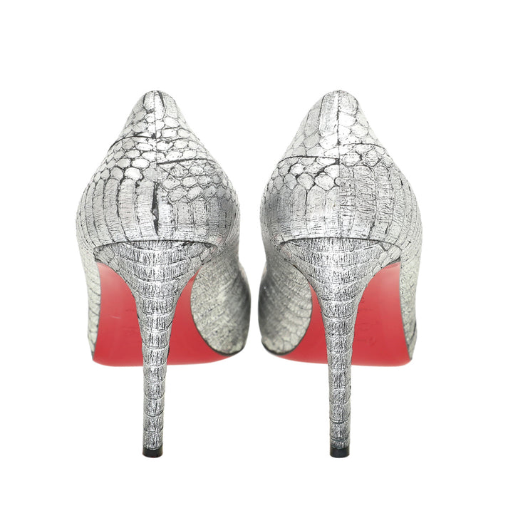 Christian Louboutin Metallic Silver Python Very Prive Peep Toe Pumps 38.5