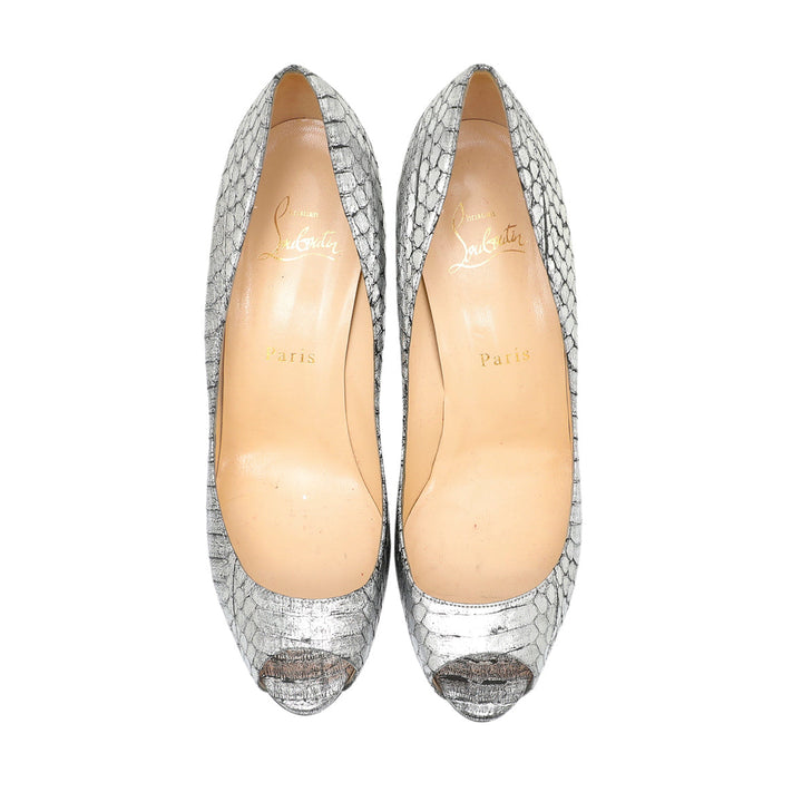Christian Louboutin Metallic Silver Python Very Prive Peep Toe Pumps 38.5