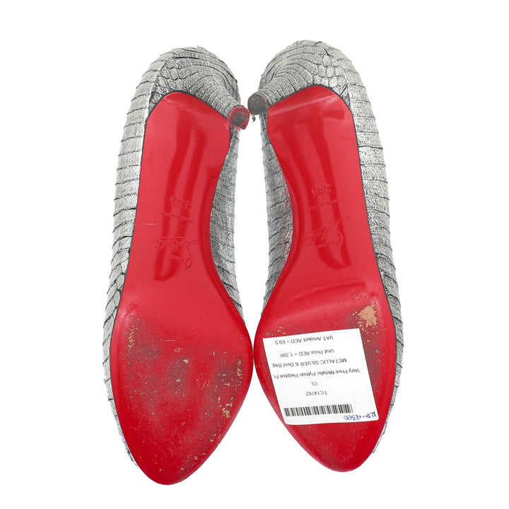 Christian Louboutin Metallic Silver Python Very Prive Peep Toe Pumps 38.5