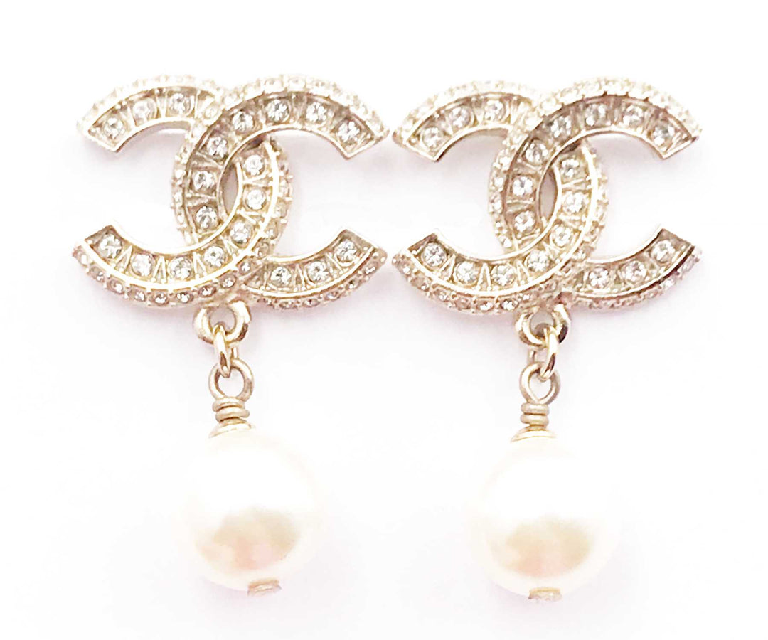 Top Quality Chanel Classic Gold CC Crystal Block Piercing Earrings
