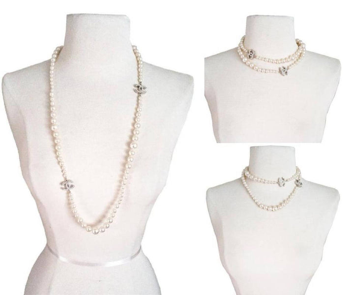 Chanel Classic 2 Silver CC White Bead Pearl Necklace