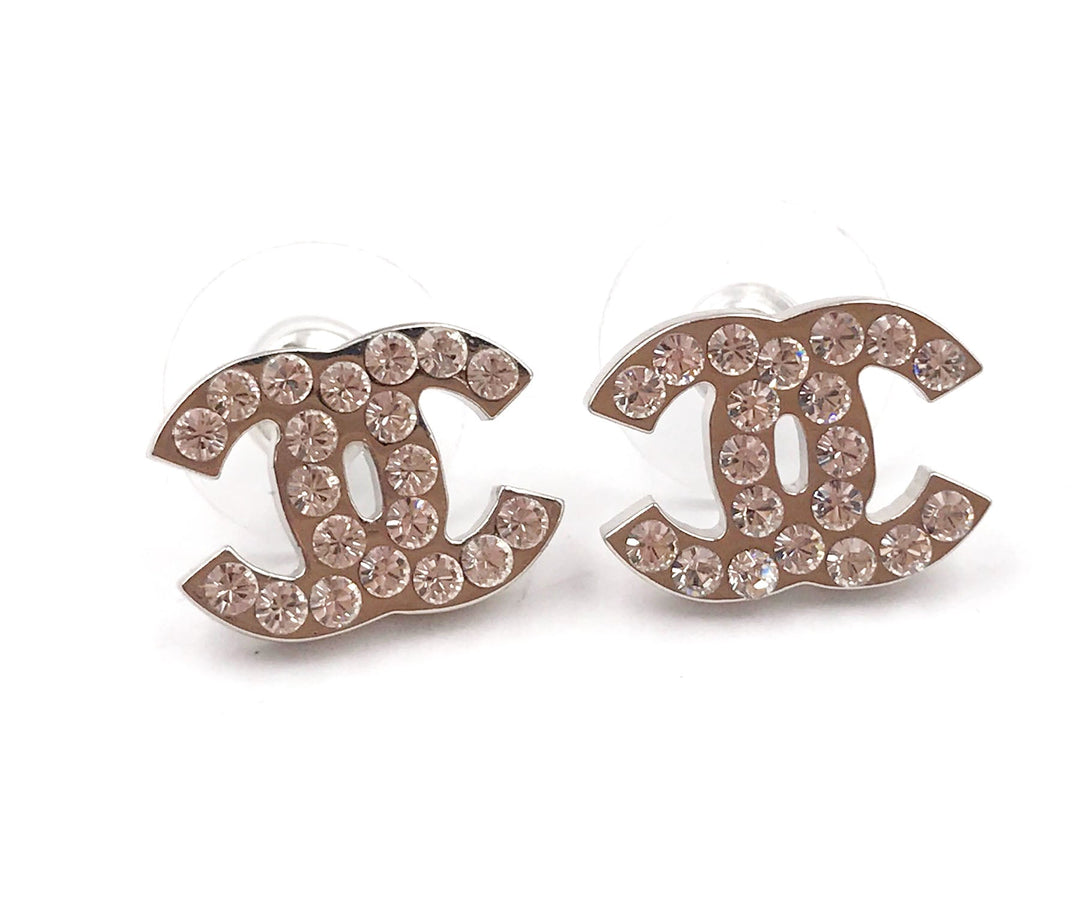 Top Quality Chanel Classic Silver CC Crystal Medium Piercing Earrings