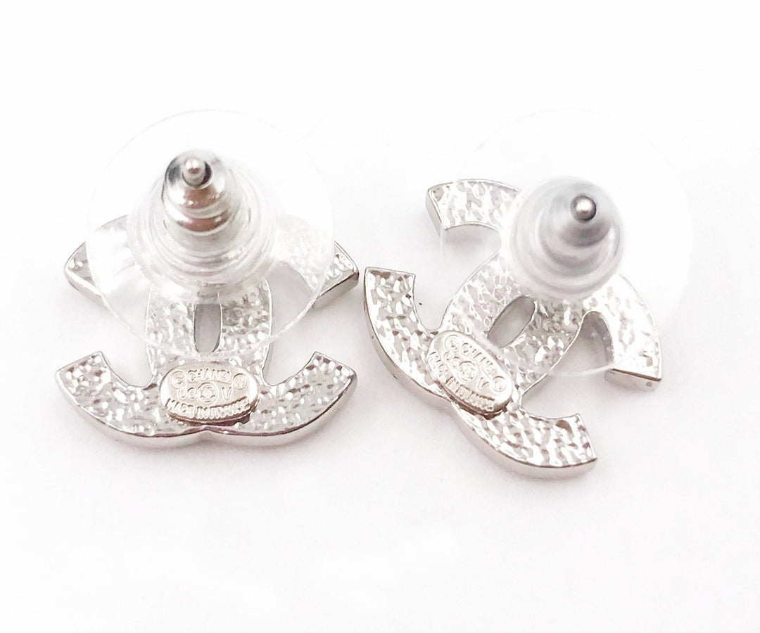 Top Quality Chanel Classic Silver CC Crystal Medium Piercing Earrings