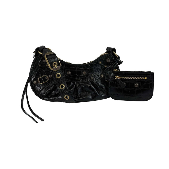 Top Quality Balenciaga - XS Shoulder Bag Crocodile Embossed Black Studded Shoulder Bag NEW