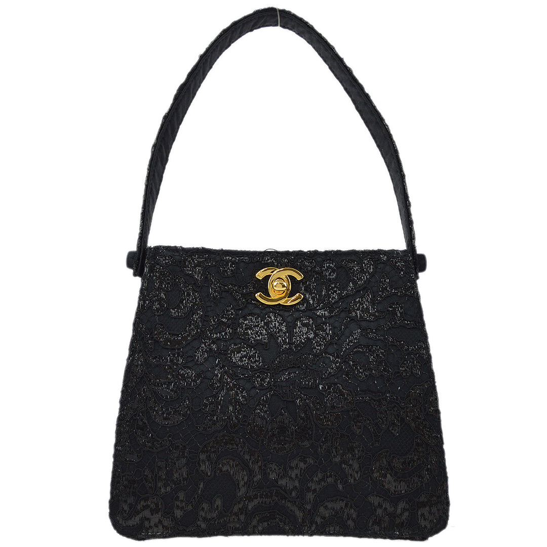 Top Quality Chanel Black Satin Lace Double Sided Turn lock Handbag