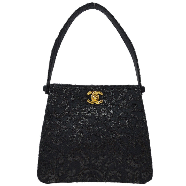 Top Quality Chanel Black Satin Lace Double Sided Turn lock Handbag