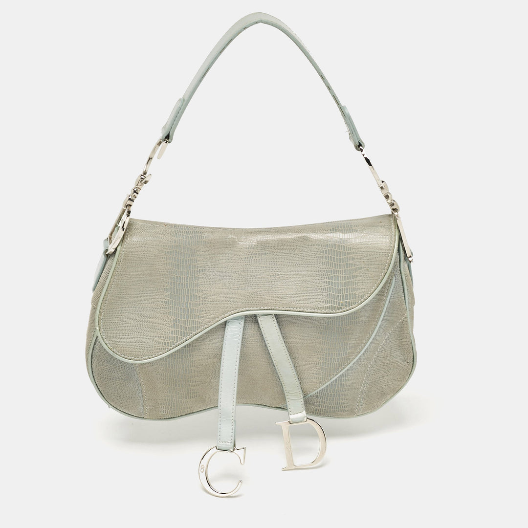 Top quality Dior Blue Lizard Embossed Suede and Leather Double Saddle Bag
