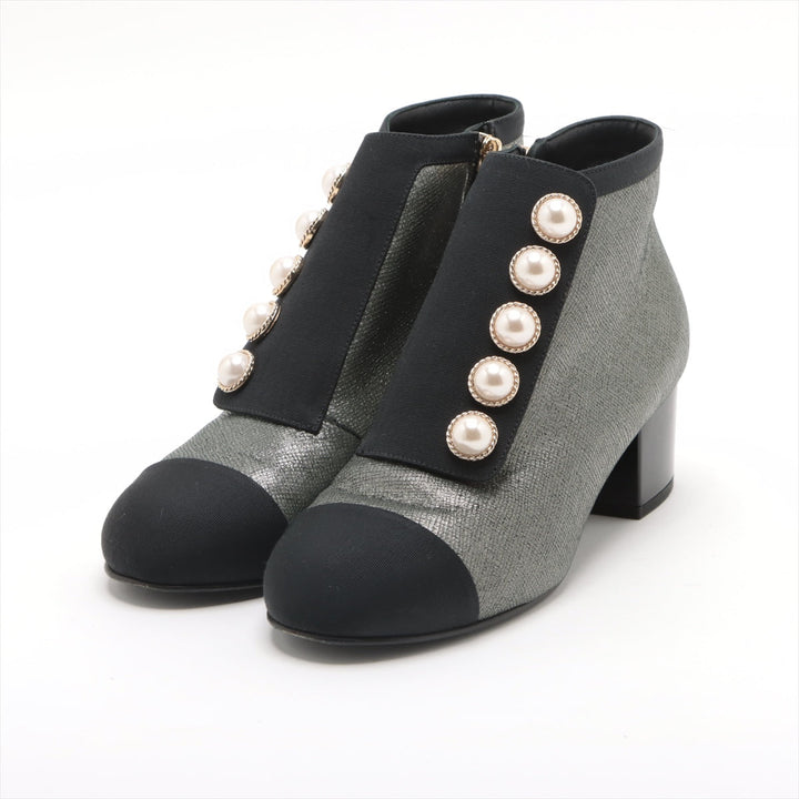 Top Quality Chanel Coco Leather X Fabric Shoes 35.5  Black X Silver G33181 Pearl