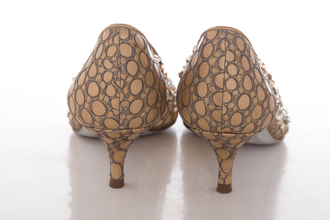 Rene Caovilla Gold Jeweled Lace Heels SZ 38