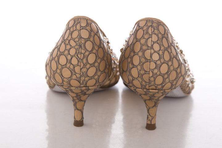 Rene Caovilla Gold Jeweled Lace Heels SZ 38