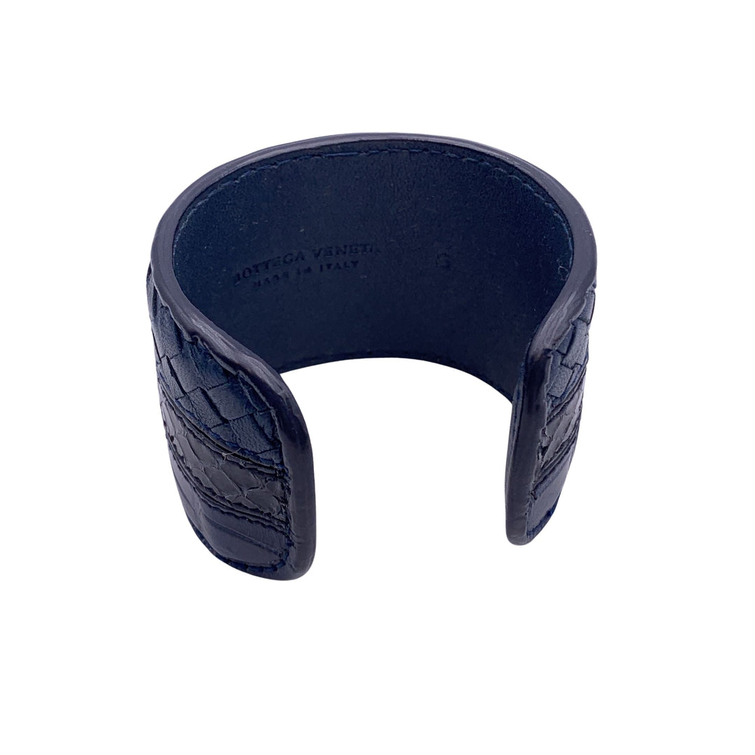Bottega veneta Blue Leather Woven Wide Bracelet Cuff Size S