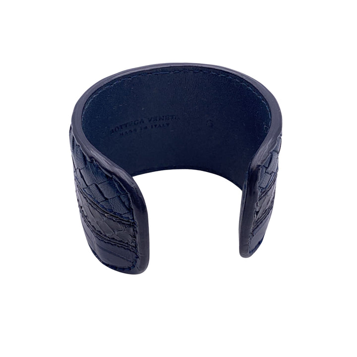 Bottega veneta Blue Leather Woven Wide Bracelet Cuff Size S