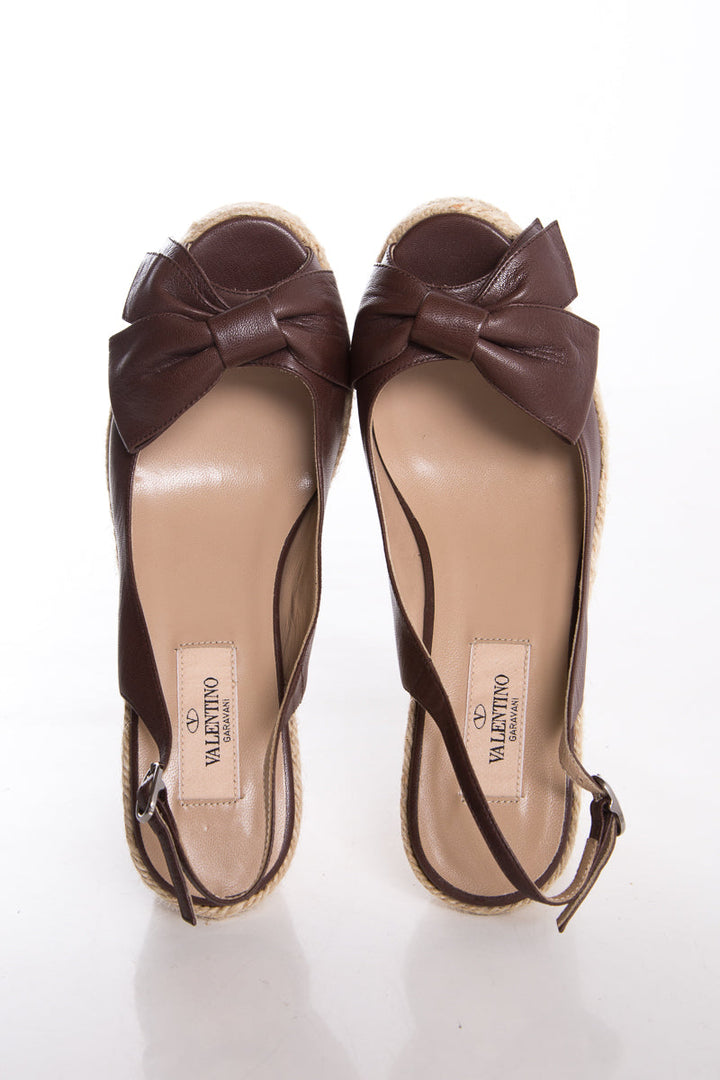 Valentino Brown Leather Open-Toe Wedge SZ 36