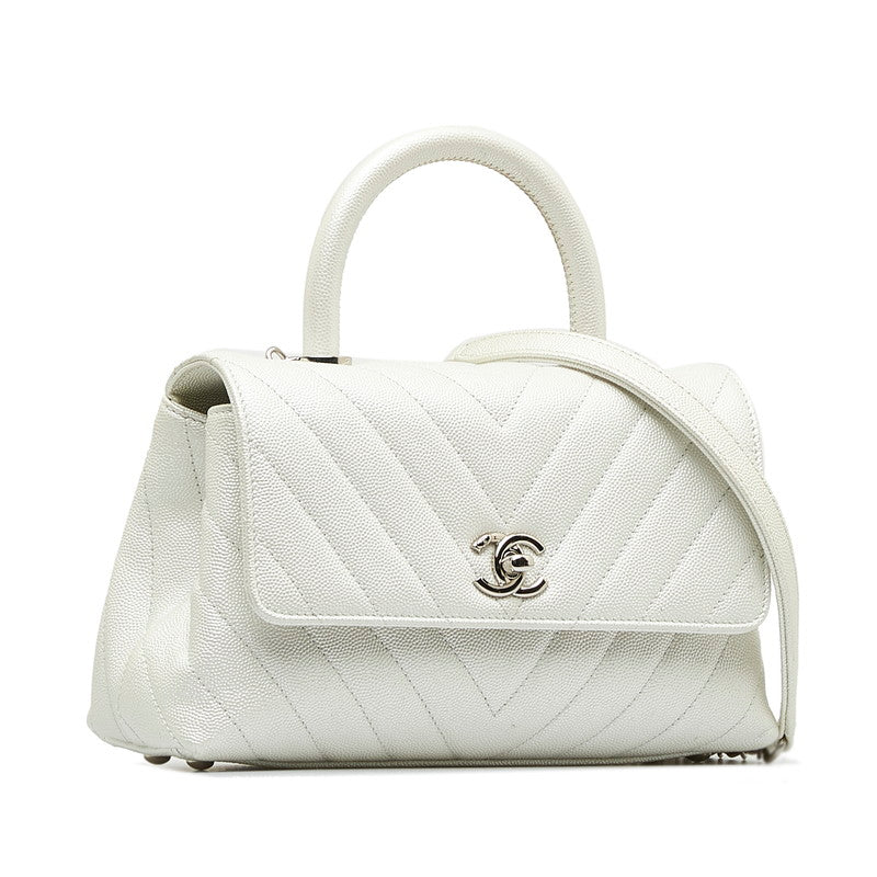 Top Quality Chanel Chevron V tick Coco Handle Handbag Shoulder Bag 2WAY White Caviar S  CHANEL