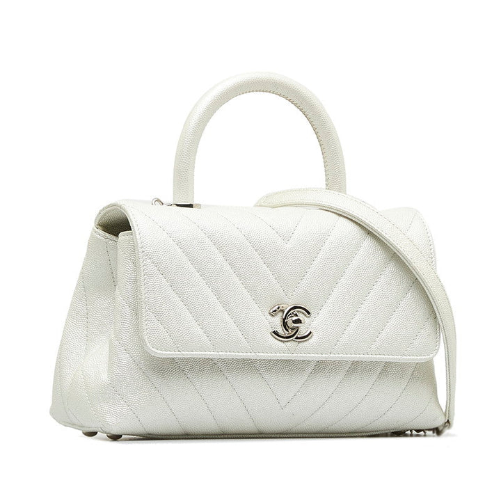 Top Quality Chanel Chevron V tick Coco Handle Handbag Shoulder Bag 2WAY White Caviar S  CHANEL