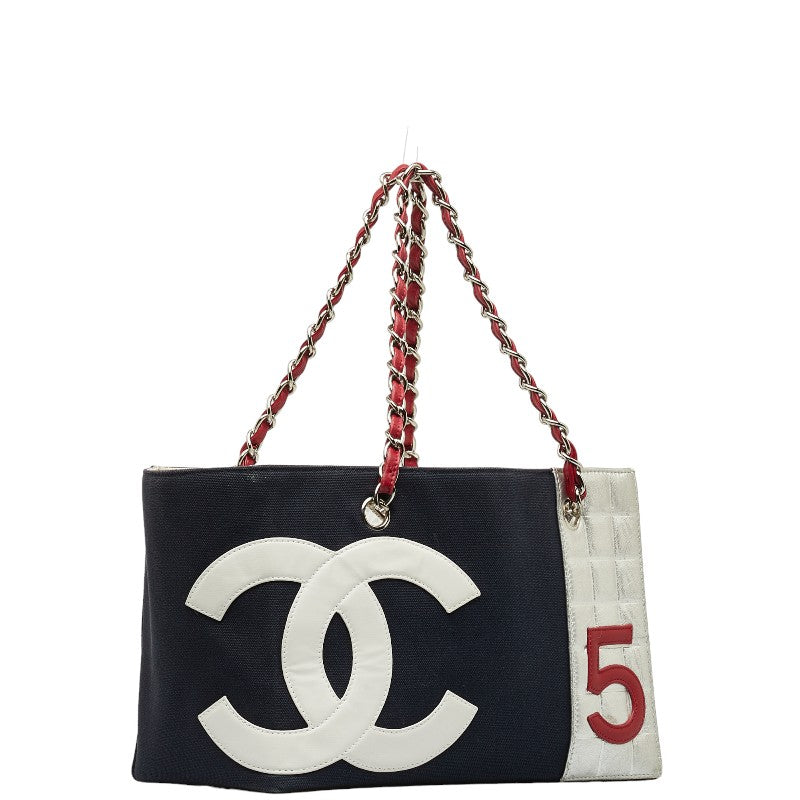 Top Quality Chanel None. 5 No. 5 Coco Chain Tote Bag Navy Red Silver Canvas Leather  Chanel