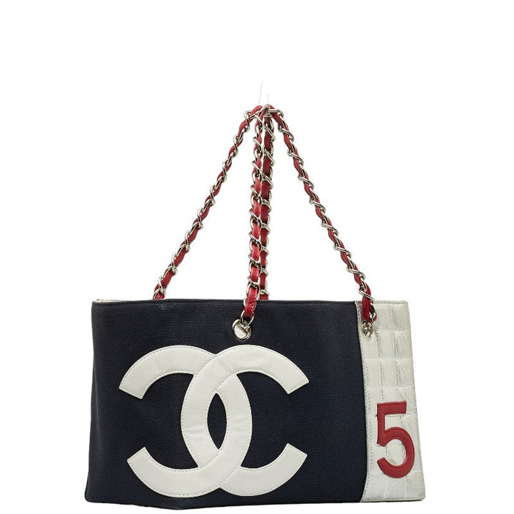 Top Quality Chanel None. 5 No. 5 Coco Chain Tote Bag Navy Red Silver Canvas Leather  Chanel
