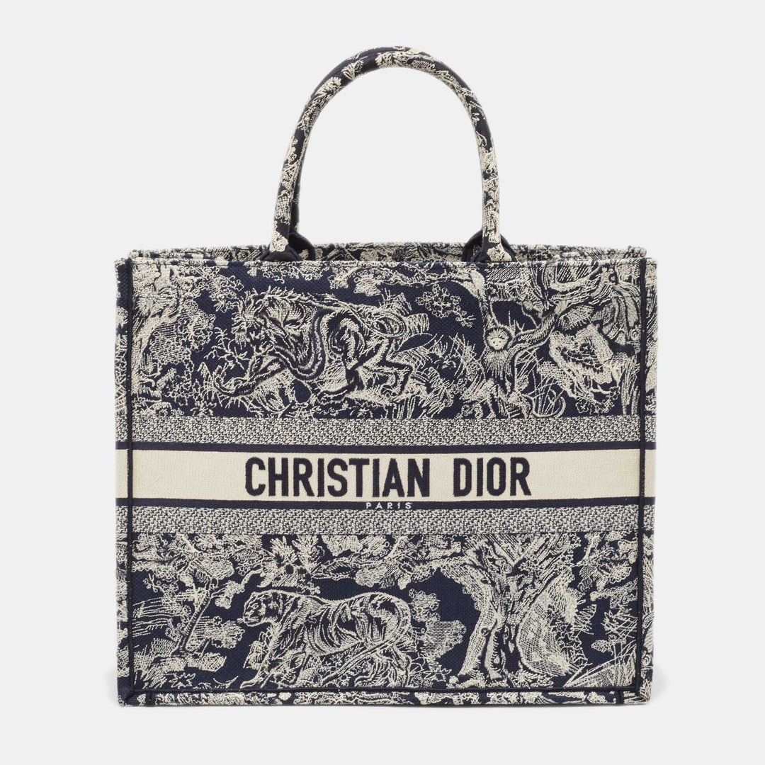 Top quality Dior Navy Blue/White Embroidered Canvas Large Reverse Toile de Jouy Book Tote