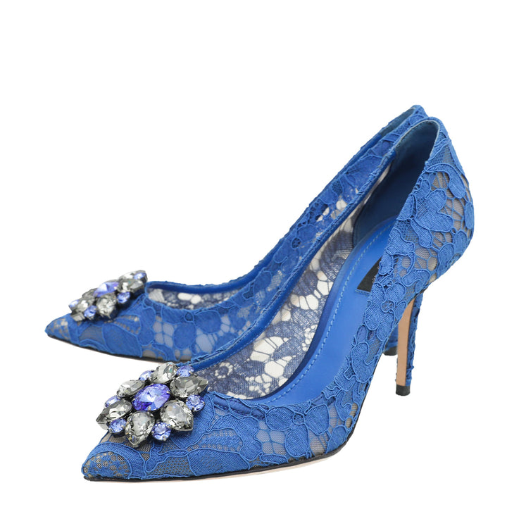 Dolce & Gabbana Blue Bellucci Crystal Lace Pumps 38.5