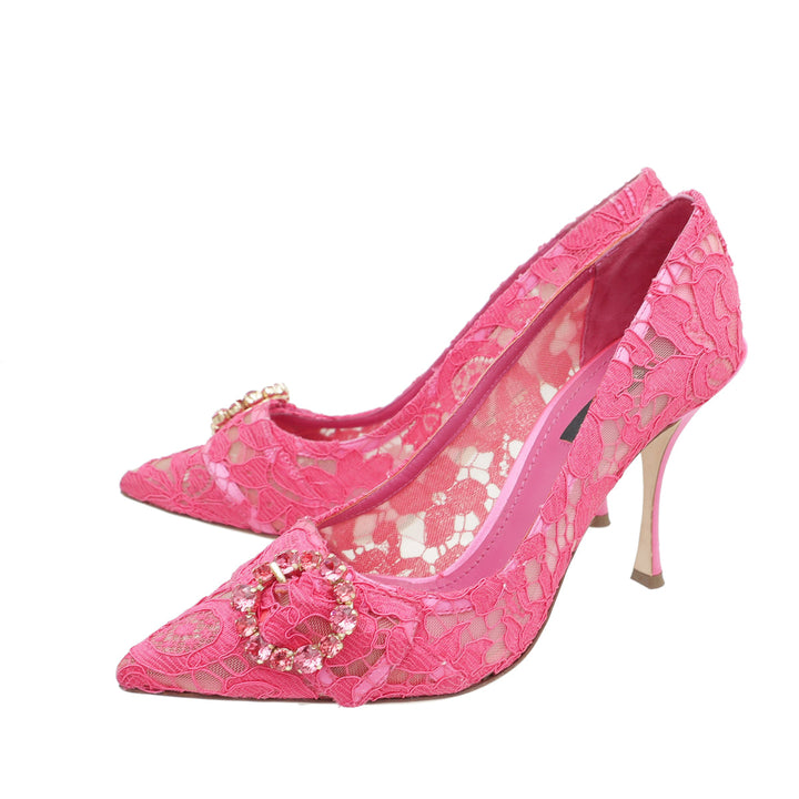 Dolce & Gabbana Fuchsia Lace Crystal Buckle Pump 38