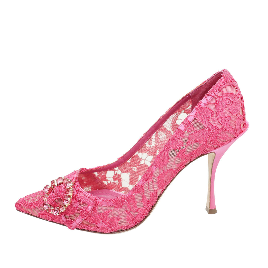 Dolce & Gabbana Fuchsia Lace Crystal Buckle Pump 38