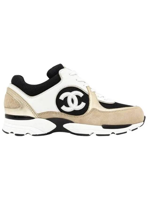 CC Logo Calfskin Fabric Low-Top Sneakers Beige Gold Chanel