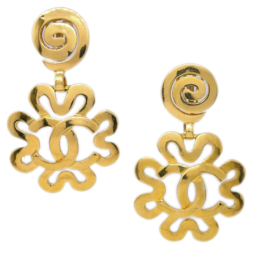 Top Quality Chanel Flower Dangle Earrings Clip-On Gold 95P