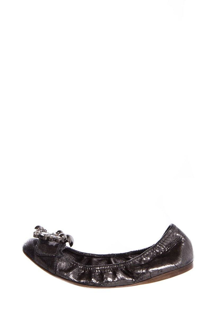 Miu Miu Metallic Grey Leather Crystal Embellishments Ballet Flats SZ 38.5
