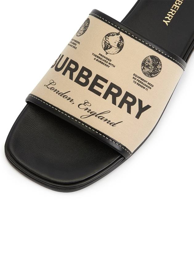 Burberry Label Print Gabardine Leather Slippers Beige