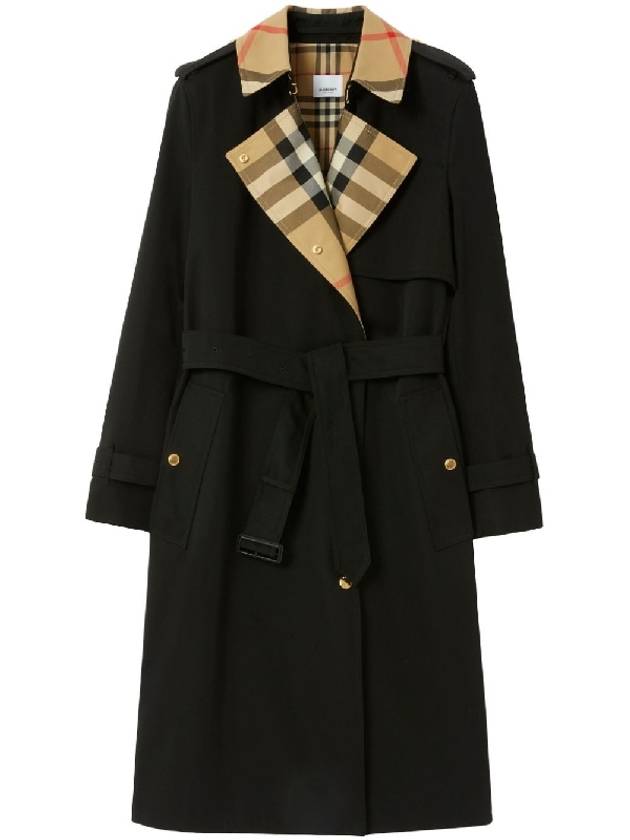 Burberry Check Panel Gabardine Trench Coat Black