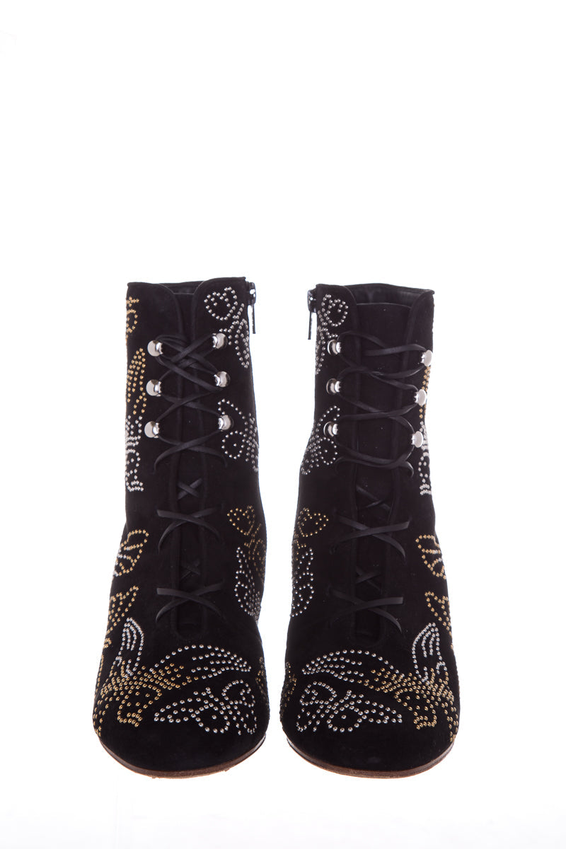 Valentino Black Butterfly Studded Suede Booties SZ 38