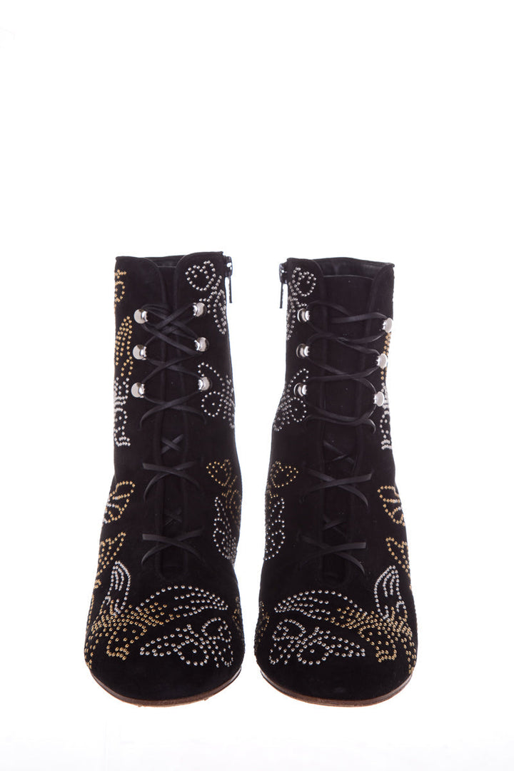 Valentino Black Butterfly Studded Suede Booties SZ 38