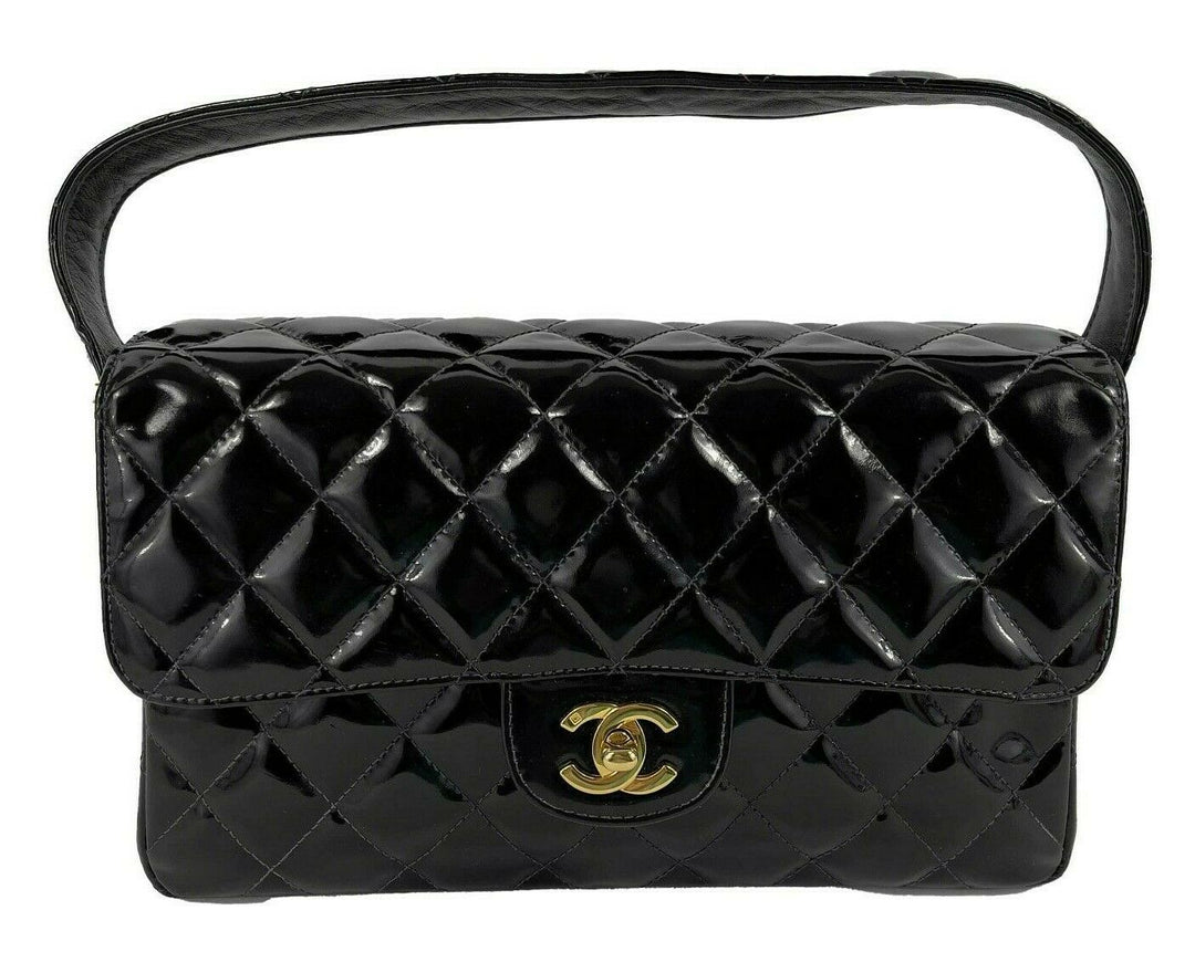 Chanel - VTG 1996 Medium Black Top Handle Kelly Medium New Bag - Patent Leather