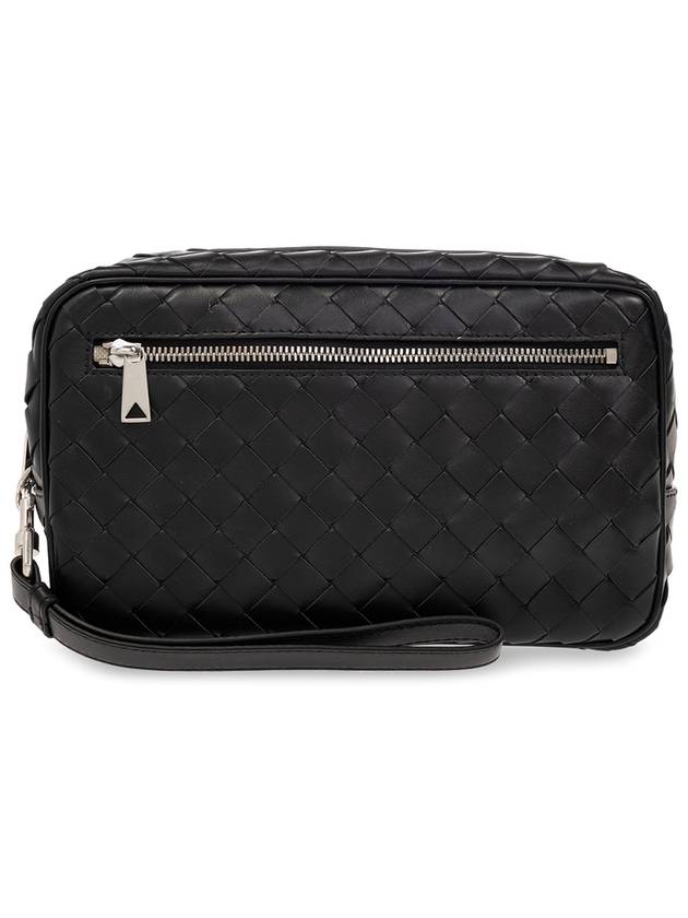 Bottega veneta Intrecciato Zipper Leather Pouch Bag Black