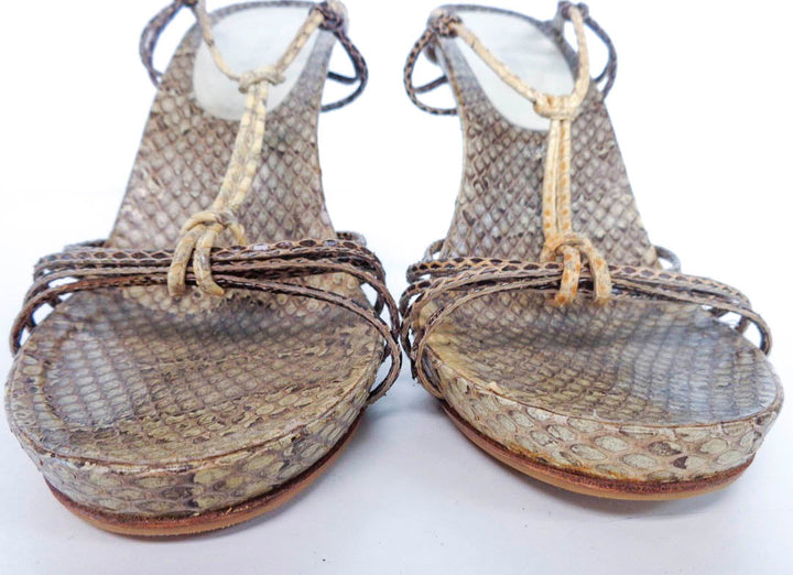 MIU MIU Snake Skin Leather T-Strap Open Toe Ankle Strap Heels Size 38