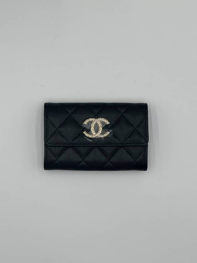 CC Logo Flap Caviar Card Wallet Black Chanel