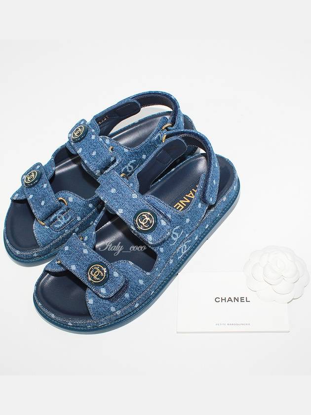Printed Denim Velcro Sandals Blue Chanel
