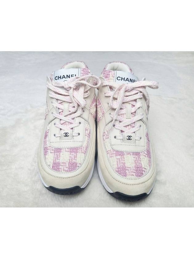 CC Logo Cotton Tweed Suede Calfskin Low Top Sneakers Pink Ecru Chanel