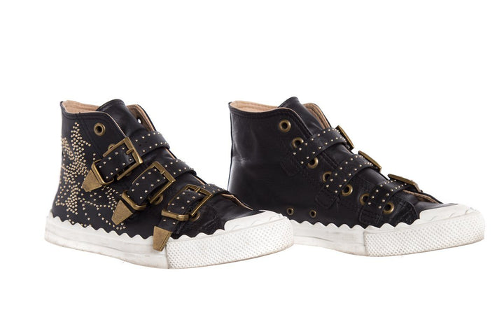 Chloé Black Leather Studded Buckle High-Top Sneakers SZ 37
