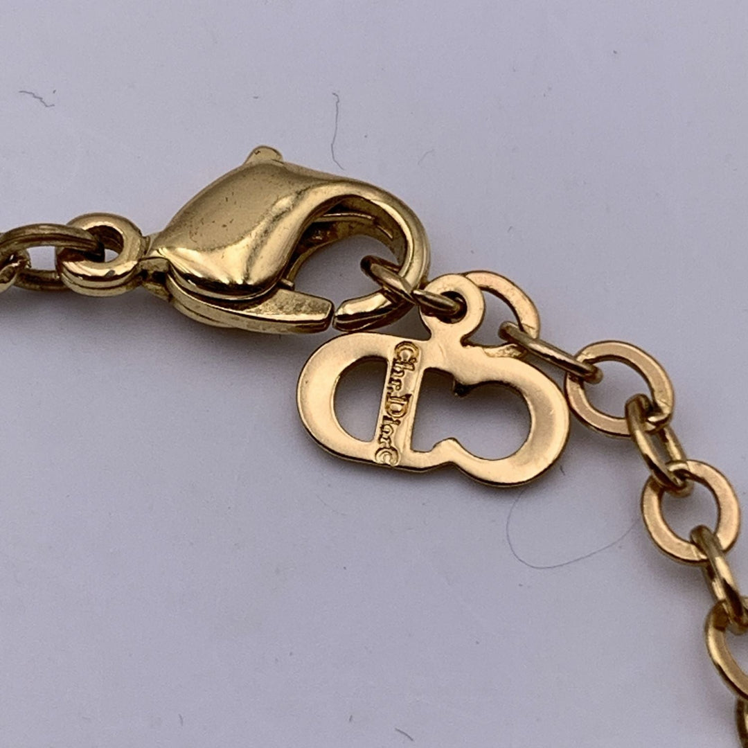 CHRISTIAN Dior Gold Metal Dior Oval Logo Rhinestones Necklace