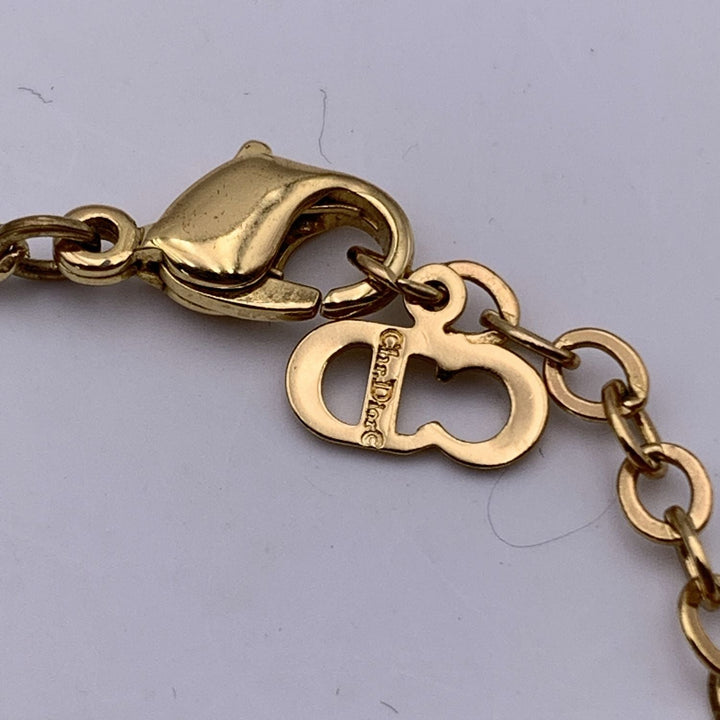 CHRISTIAN Dior Gold Metal Dior Oval Logo Rhinestones Necklace