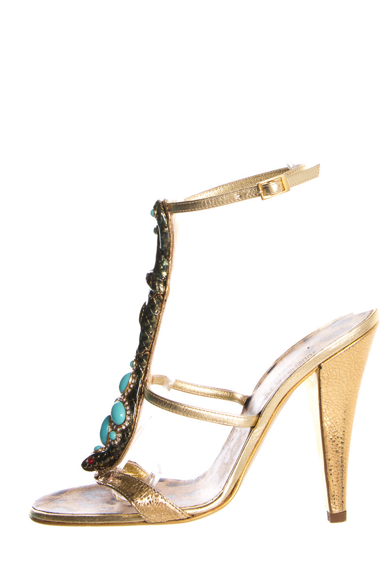 Roberto Cavalli Gold & Multi Cobra Detail Sandals SZ 36