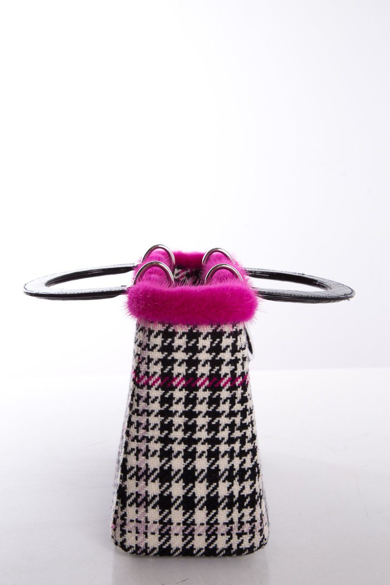 Christian Top quality Dior Black & White Wool Houndstooth Mink Trim Crocodile Handle Bag