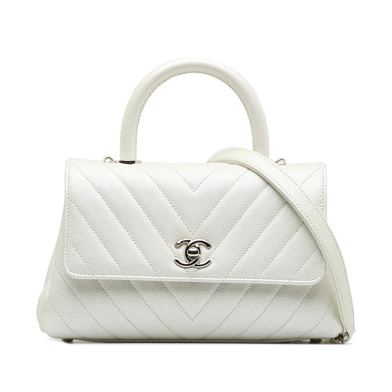 Top Quality Chanel Chevron V tick Coco Handle Handbag Shoulder Bag 2WAY White Caviar S  CHANEL