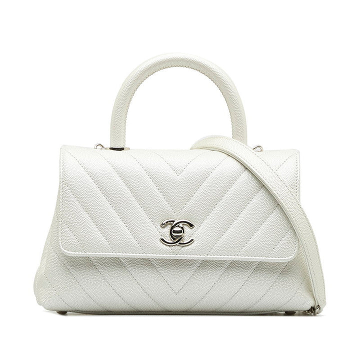 Top Quality Chanel Chevron V tick Coco Handle Handbag Shoulder Bag 2WAY White Caviar S  CHANEL