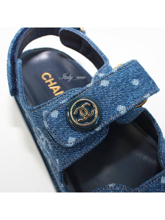 Printed Denim Velcro Sandals Blue Chanel
