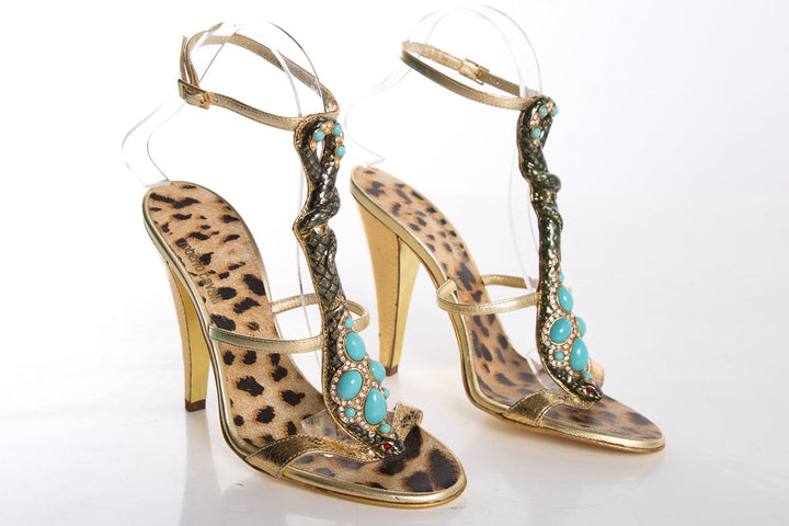 Roberto Cavalli Gold & Multi Cobra Detail Sandals SZ 36
