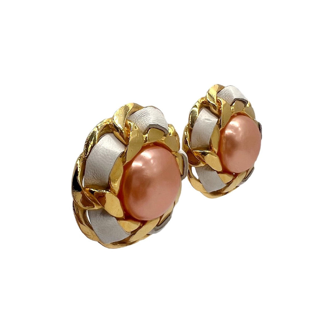 Vintage Top Quality Chanel Peach Synthetic Pearl Leather & Chain Earrings