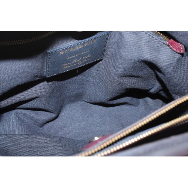 BURBERRY Dark Purple Grained Leather Tote - Checked Pattern On Sides