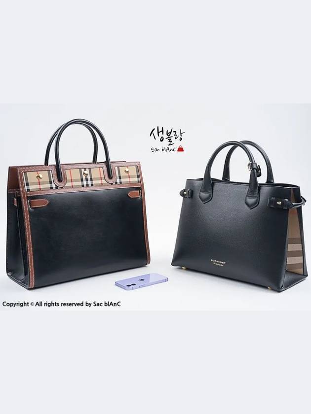 Burberry Medium Leather Vintage Check Title Tote Bag Black